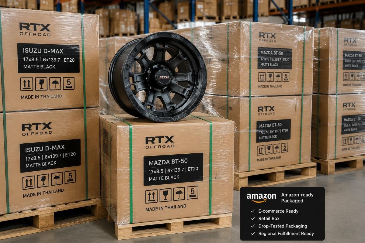 Amazon-ready packaged truck wheels stacked for shipping to regional fulfillment centers