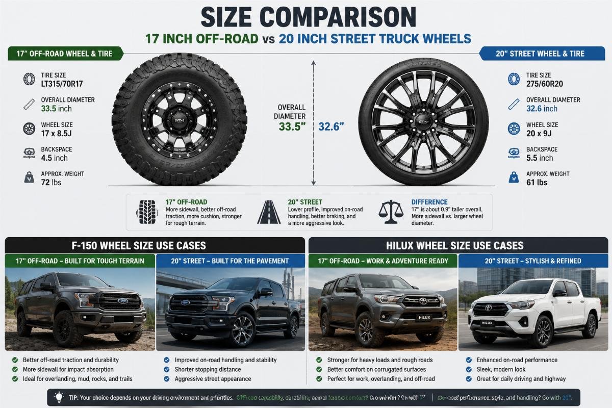 Size comparison of 17 inch off-road and 20 inch street truck wheels