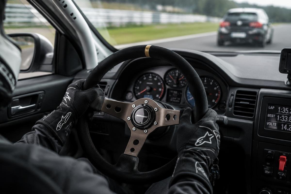 Custom finished flow-formed racing wheel mounted on a touring car during track testing