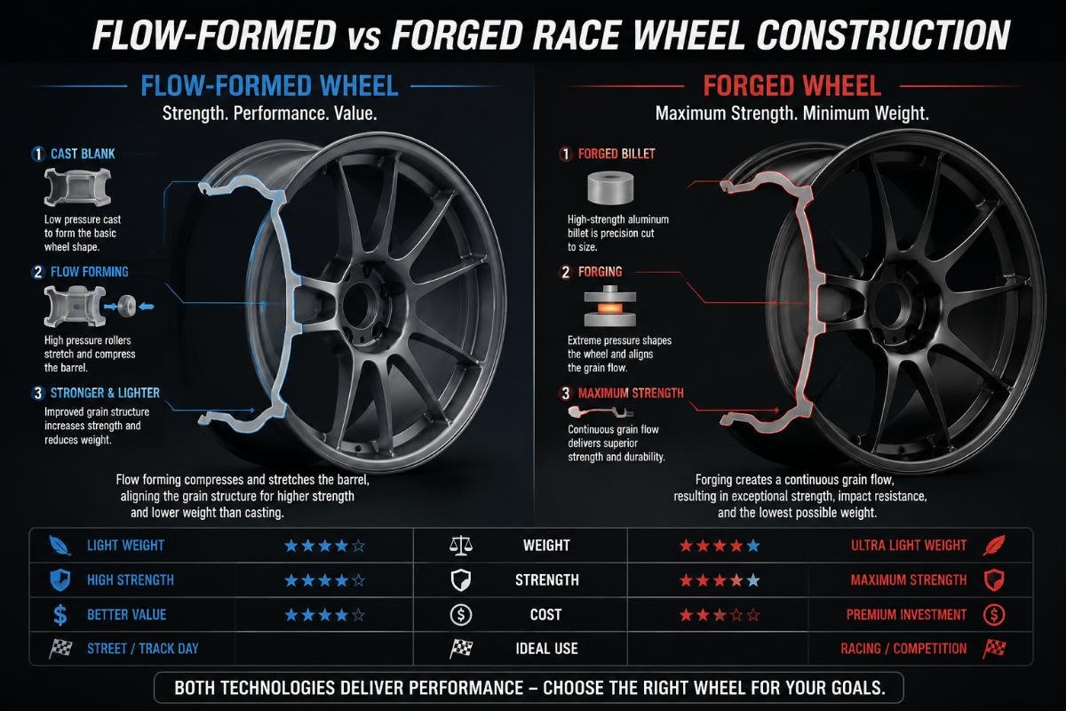 Side by side comparison of flow-formed and forged racing wheel construction