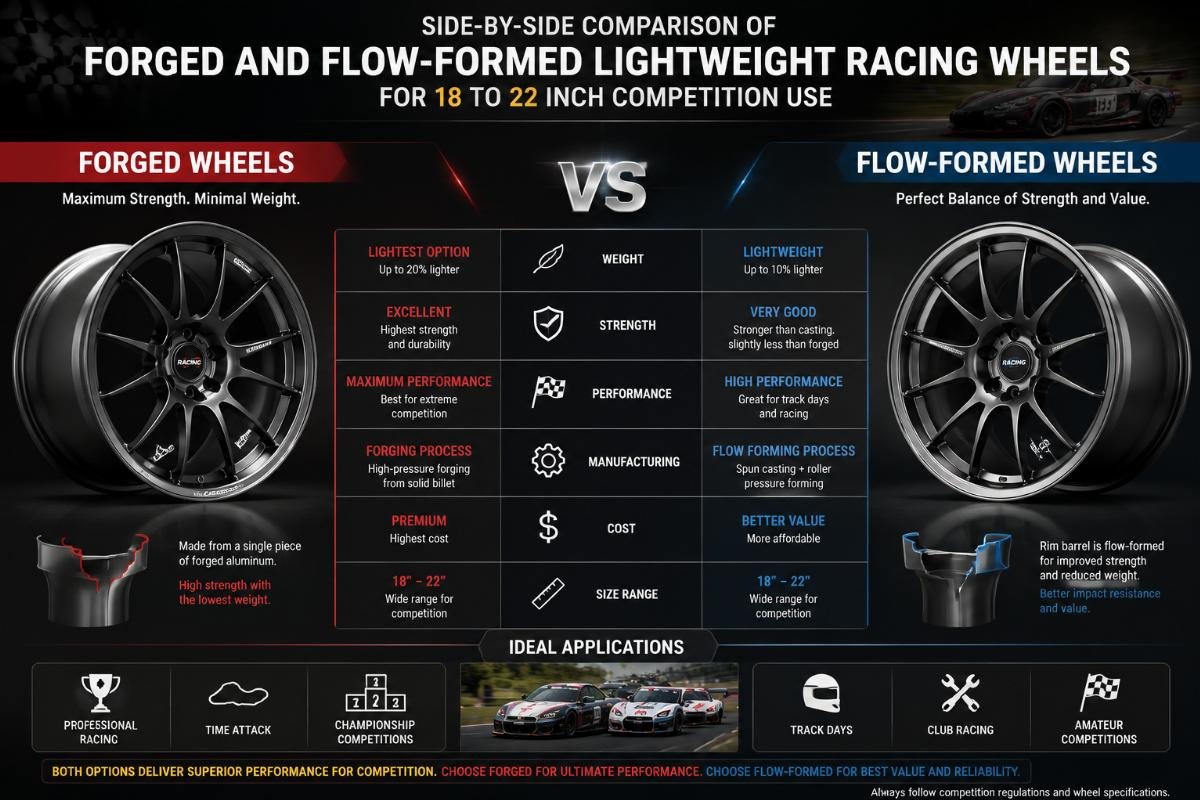 Side-by-side comparison of forged and flow-formed lightweight racing wheels for 18 to 22 inch competition use