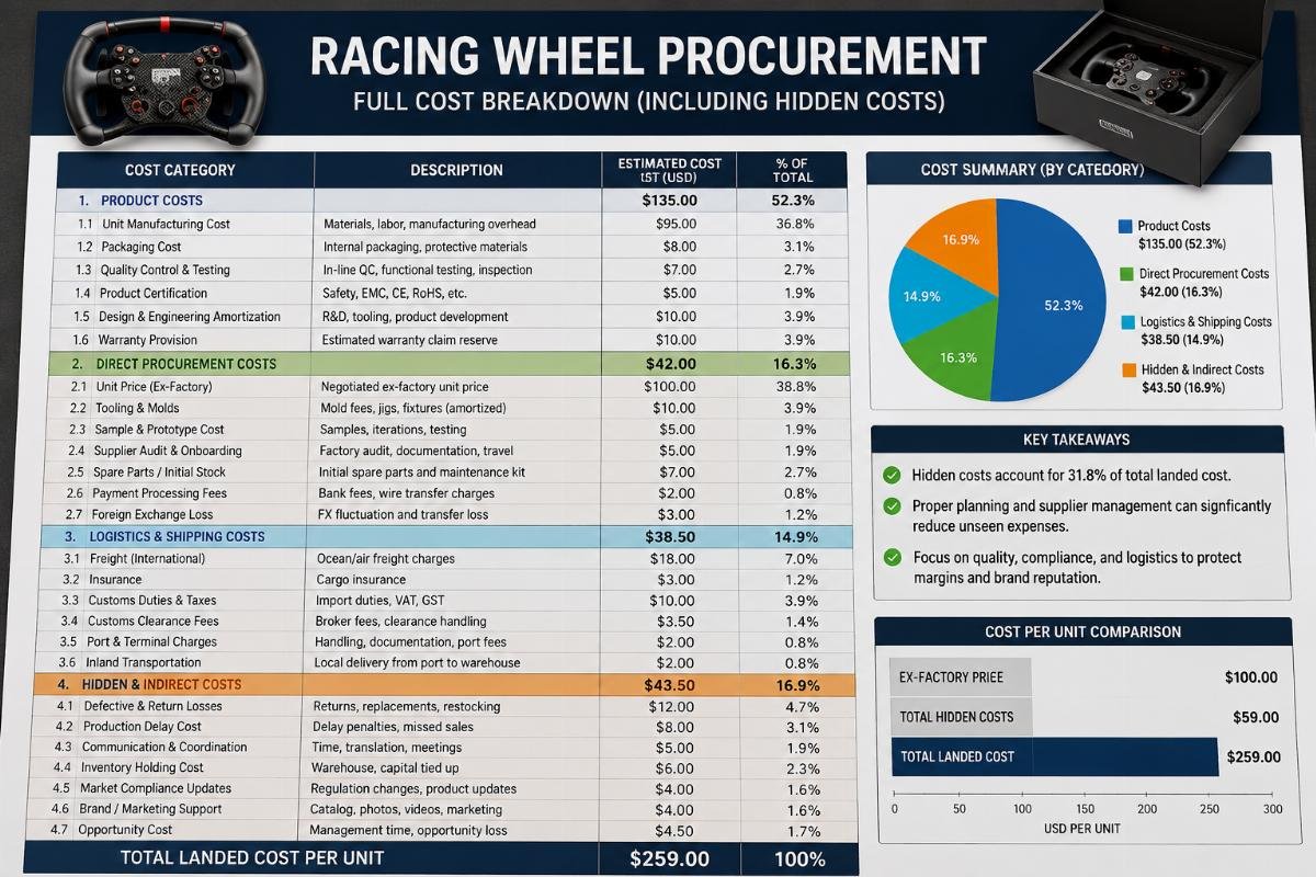 Cost breakdown sheet for racing wheel procurement including hidden cost line items