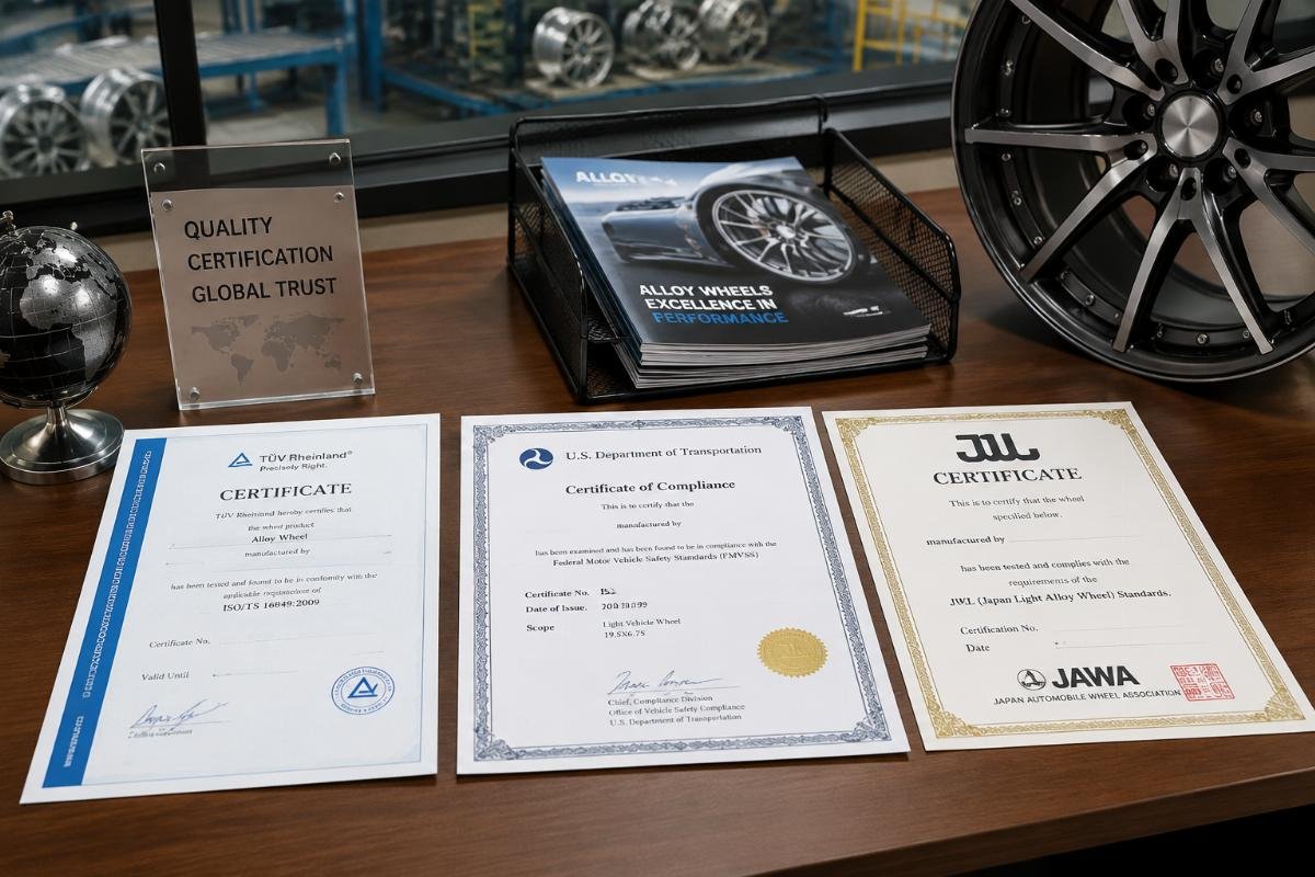 Global alloy wheel export certification documents Physical certification certificates for TüV, DOT, and JWL laid out on a factory office desk