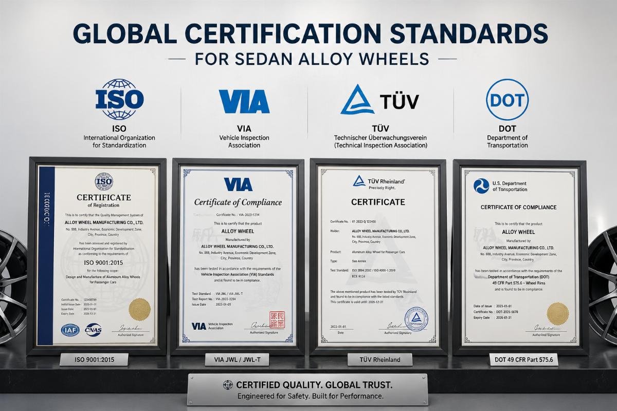A certification document display showing ISO, VIA, TüV, and DOT marks side by side