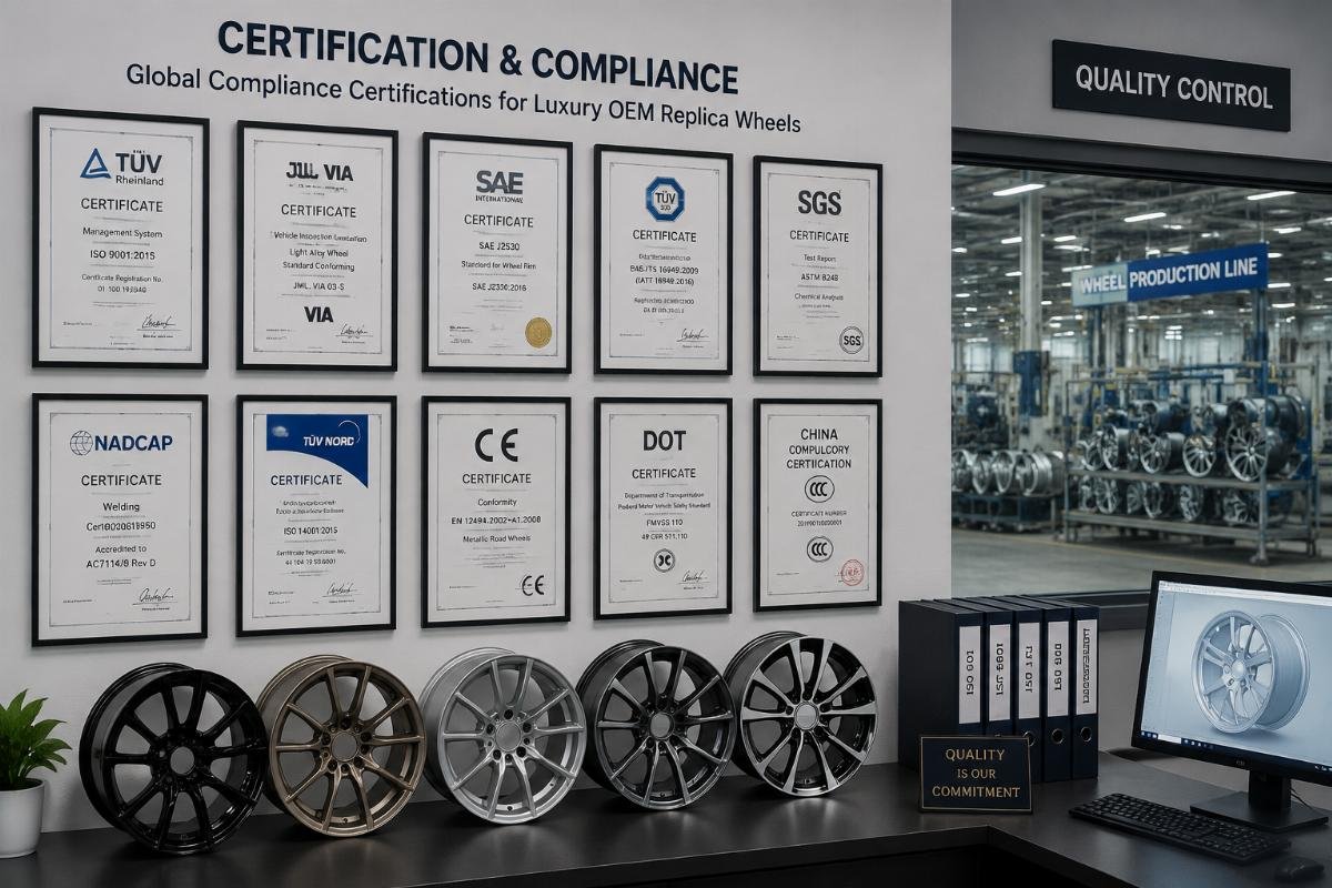 Global compliance certifications for luxury OEM replica wheels Certification certificates for luxury wheel production displayed in a factory quality control office