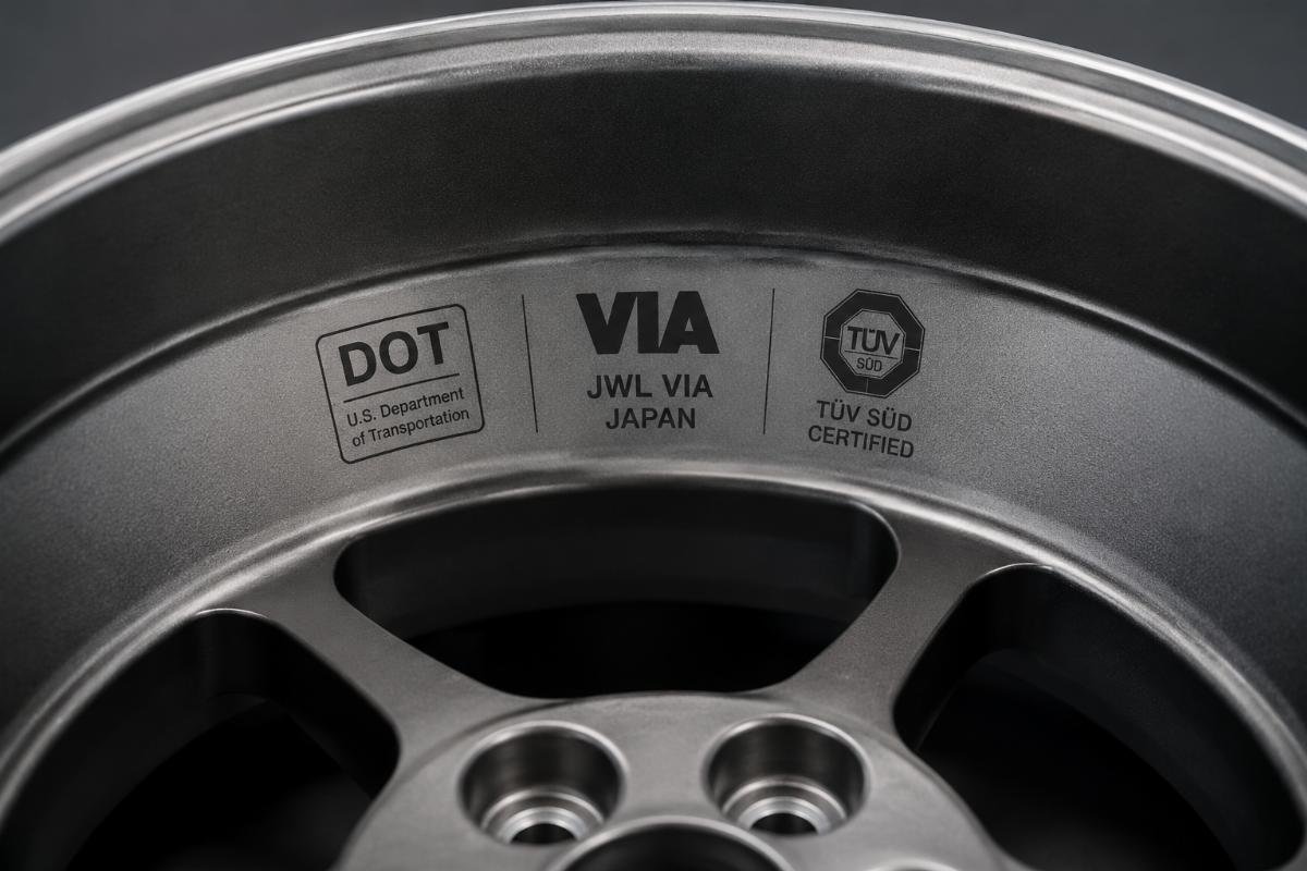 Global safety certification marks for compliant muscle car wheels Certification labels (DOT, VIA, TüV) printed on the inner barrel of an alloy wheel