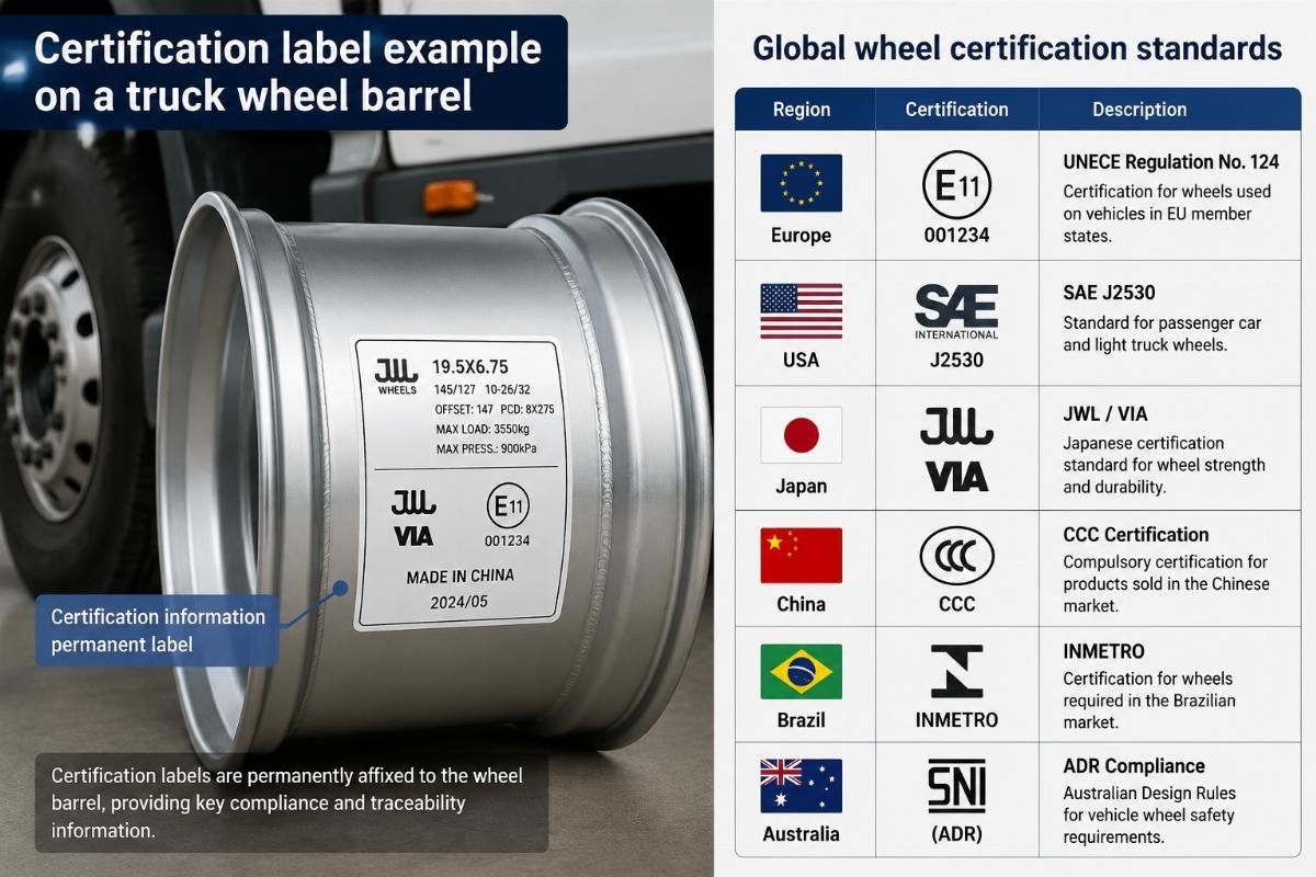 Certification label example on a truck wheel barrel