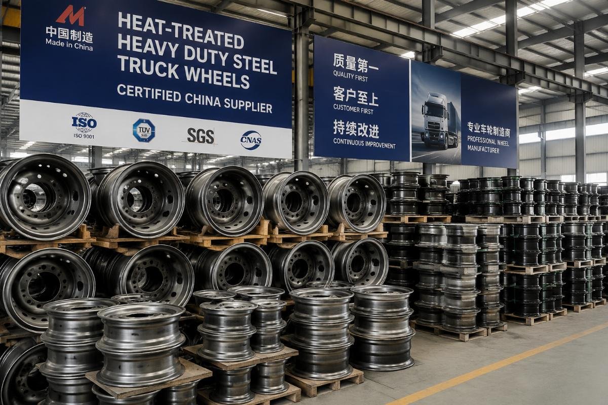 Heavy duty steel truck wheel bulk stock Heat-treated heavy duty steel truck wheels stacked in a certified China supplier warehouse
