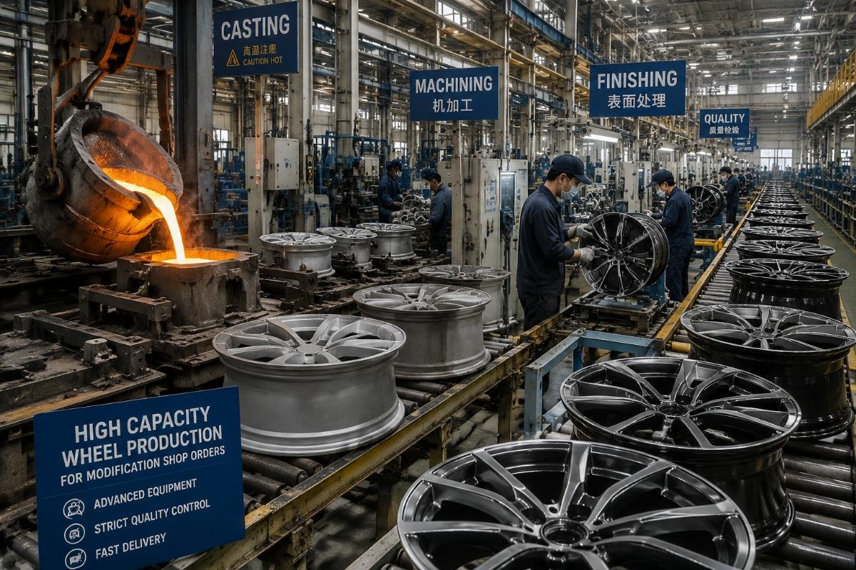 A factory production line showing wheel casting and finishing work in progress