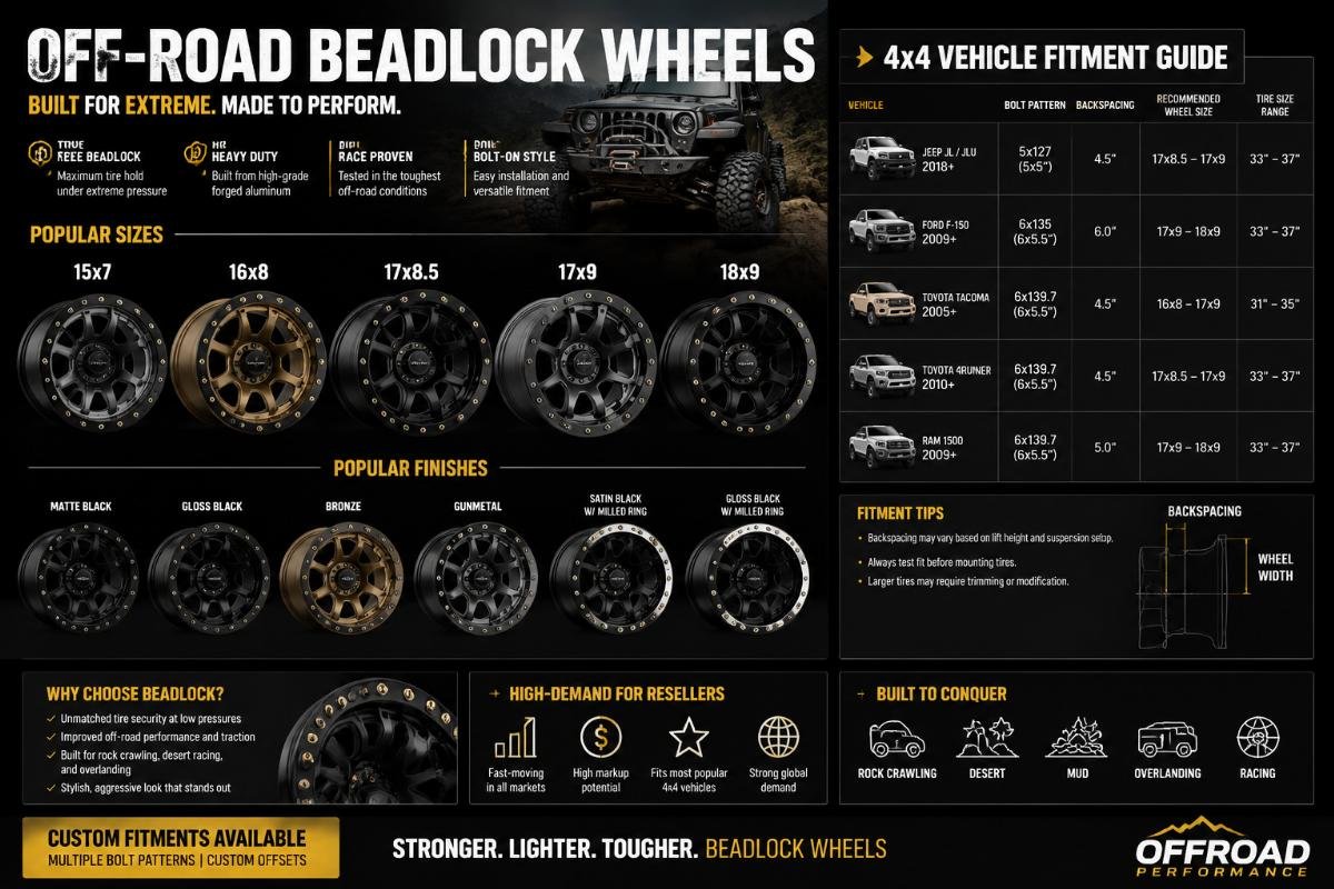 A display of off-road beadlock wheels in the most popular sizes and finishes, arranged next to 4x4 vehicle fitment guides