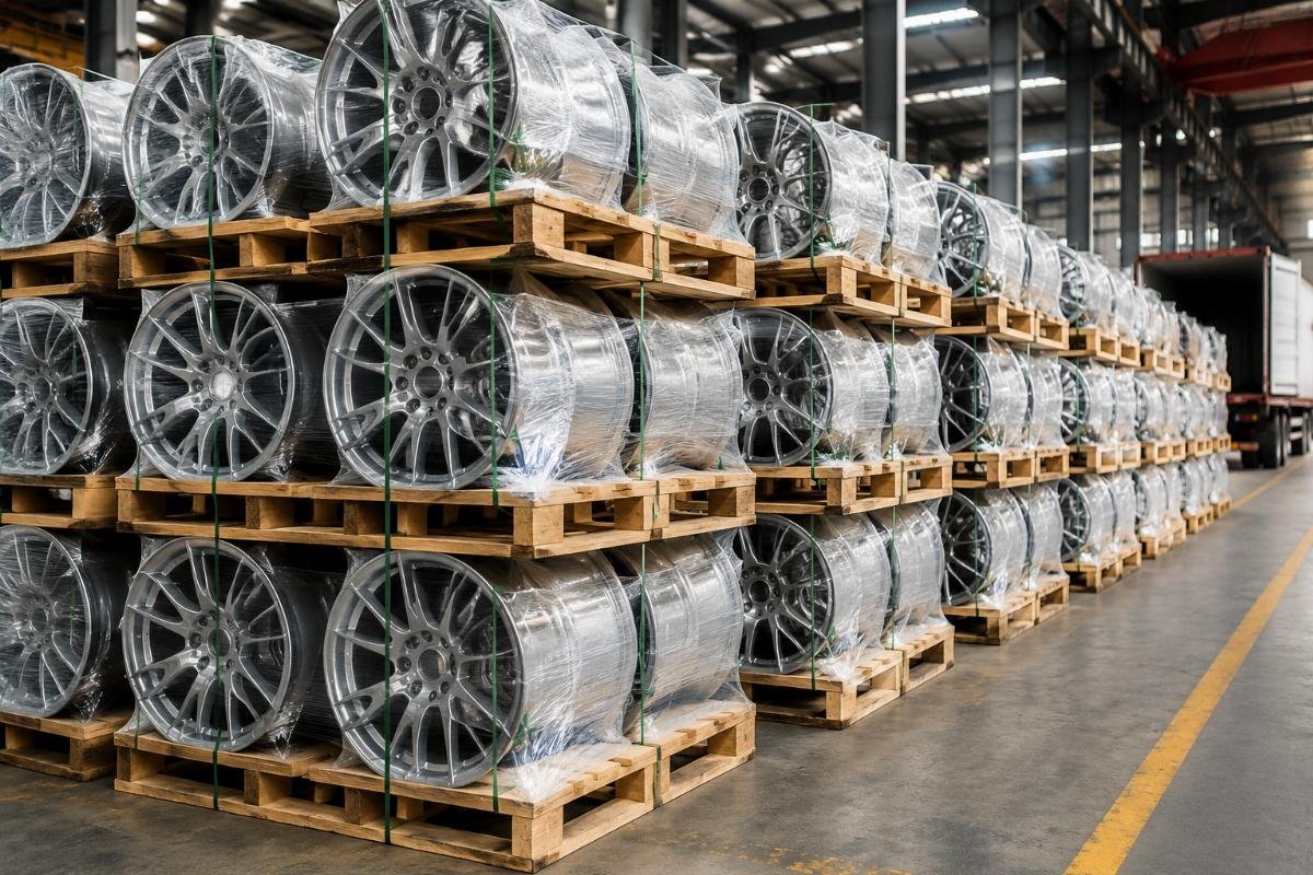 Stacked pallets of finished alloy wheels ready for container loading at a Chinese factory
