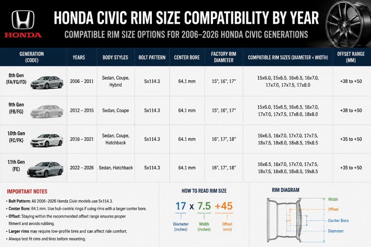 Honda Civic rim size compatibility by year Compatible rim size options for 2006-2026 Honda Civic generations
