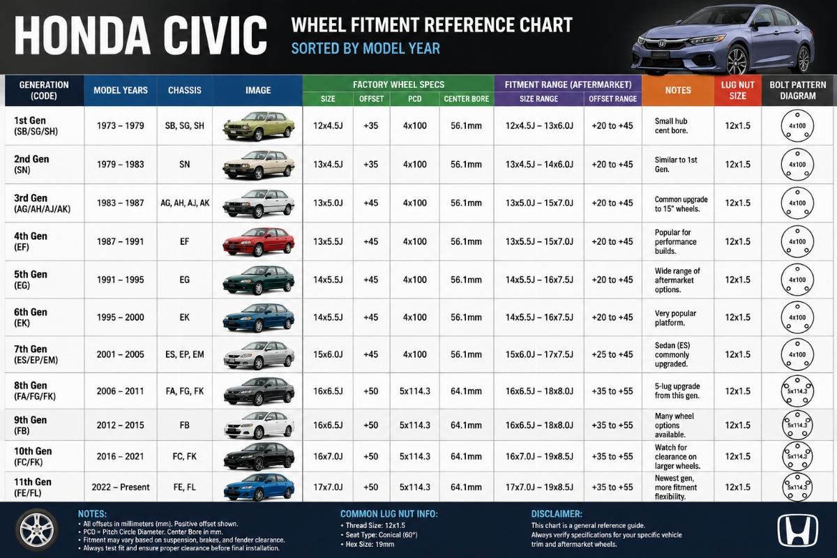 Honda Civic wheel fitment specs by generation Honda Civic wheel fitment reference chart sorted by model year