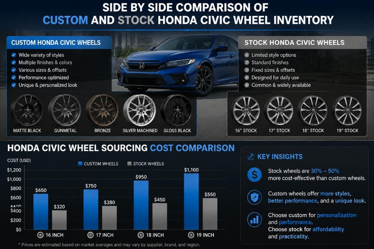 Honda Civic wheel sourcing cost comparison Side by side comparison of custom and stock Honda Civic wheel inventory