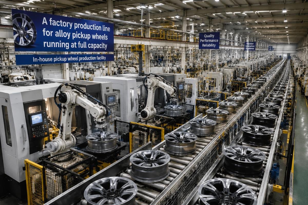A factory production line for alloy pickup wheels running at full capacity