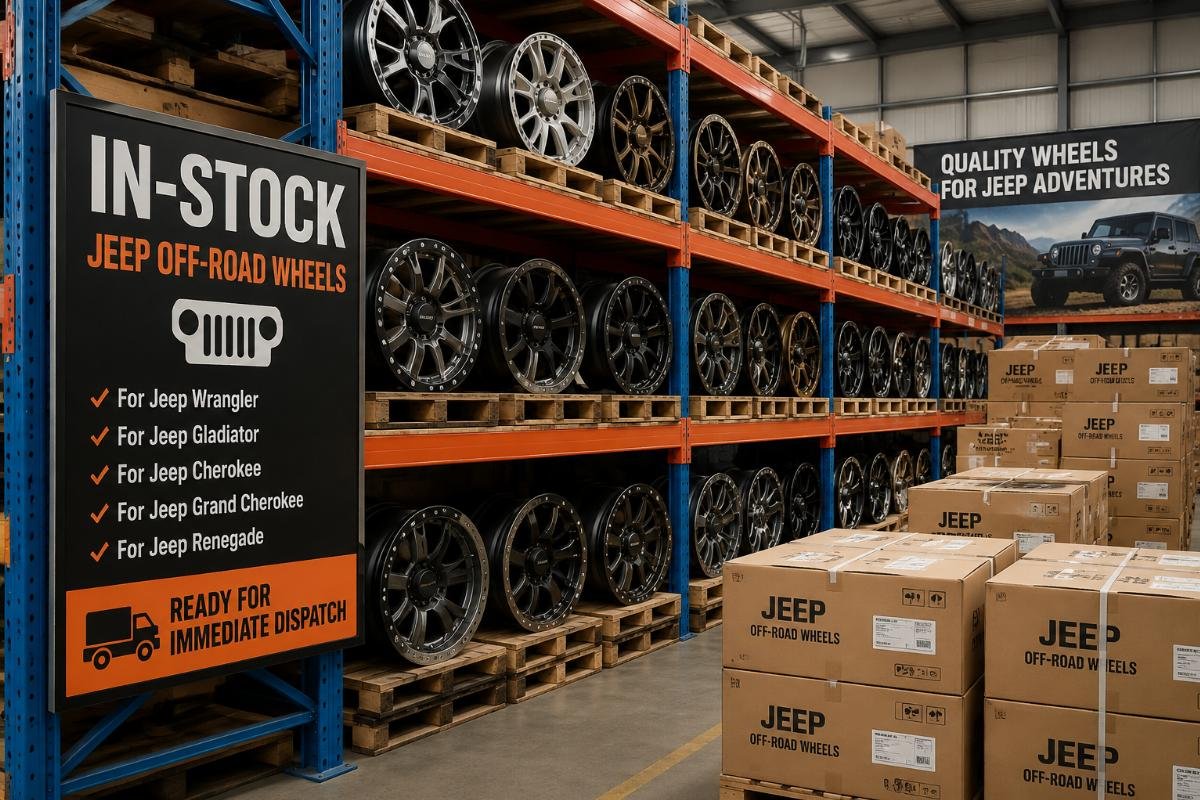 Warehouse shelf showing stacked in-stock off-road wheels for Jeep models ready for immediate dispatch