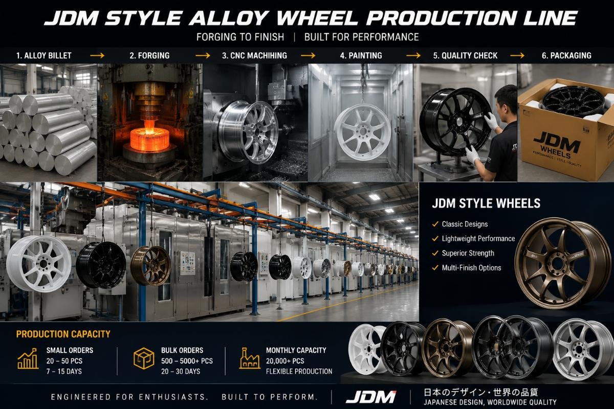 A factory production line showing alloy wheel forging and painting processes for JDM style wheel lines