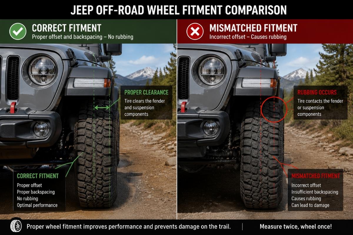 Side by side comparison of a correctly fitted off-road wheel and a mismatched wheel with offset that causes rubbing