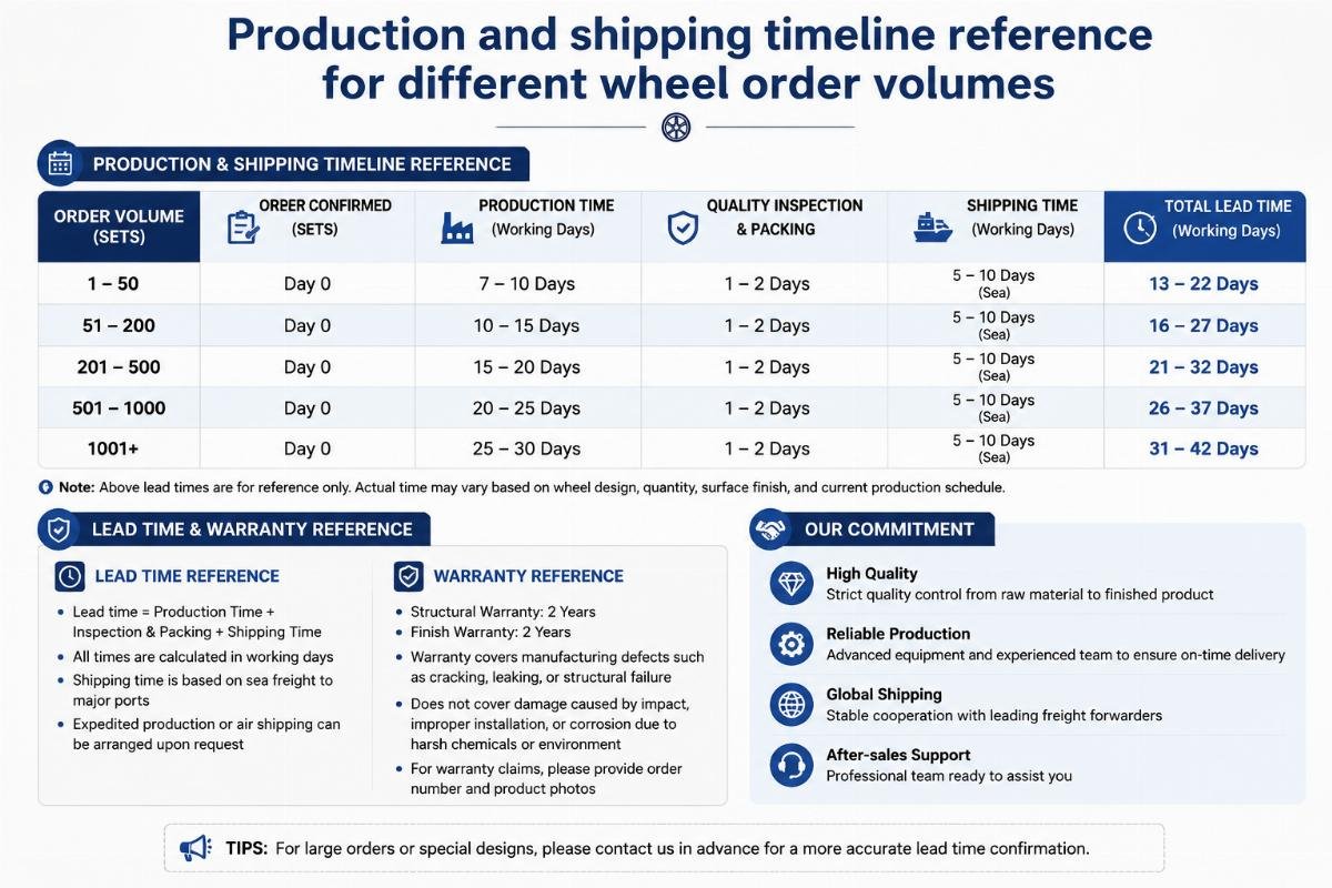 Production and shipping timeline reference for different wheel order volumes