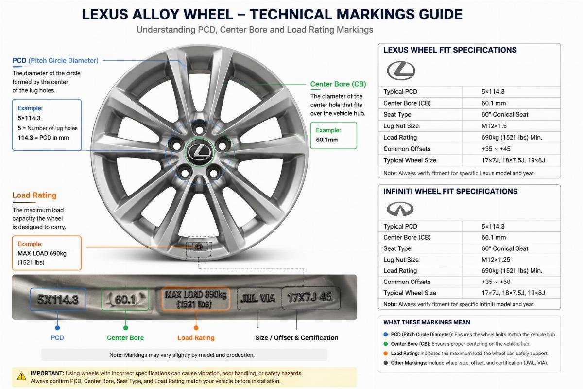 Lexus and Infiniti wheel fit specification markings A technical diagram showing PCD, center bore, and load rating markings on a sample Lexus alloy wheel