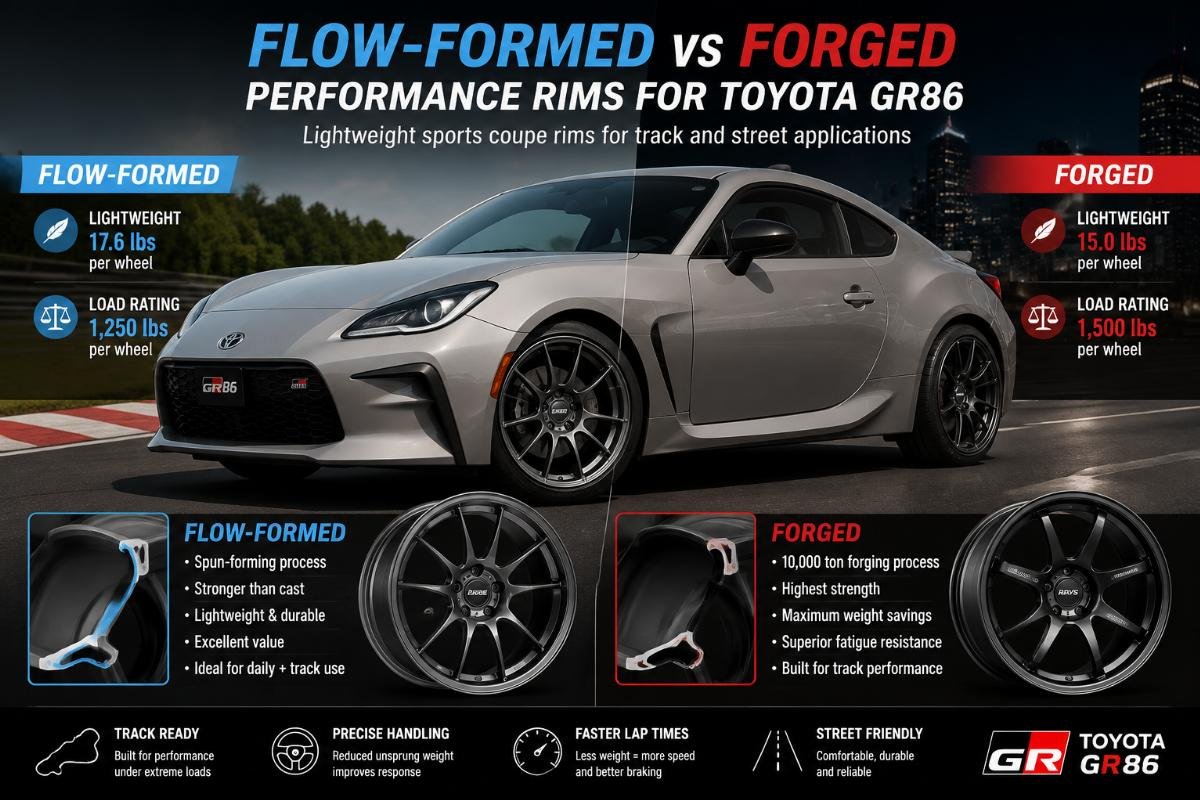 Side-by-side comparison of flow-formed and forged sports coupe rims mounted on a Toyota GR86, highlighting weight and load rating labels