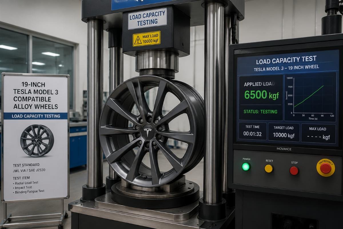 19-inch Tesla Model 3 compatible alloy wheels being tested for load capacity in a factory lab