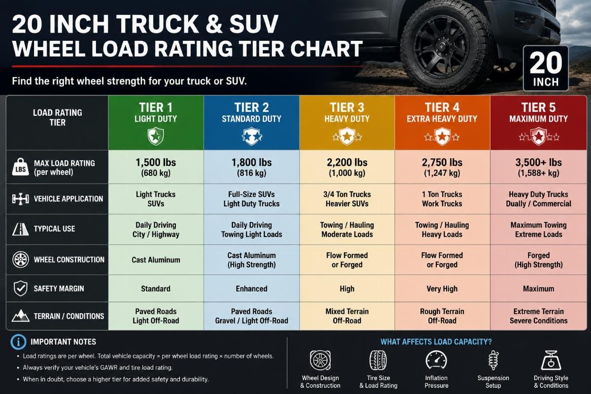 load rating tiers for 20 inch truck and suv wheels 20 inch truck and SUV wheel load rating tier chart