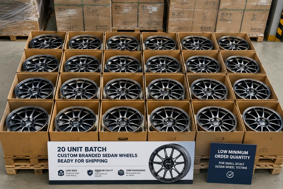 A small 20-unit batch of custom branded sedan wheels ready for shipping