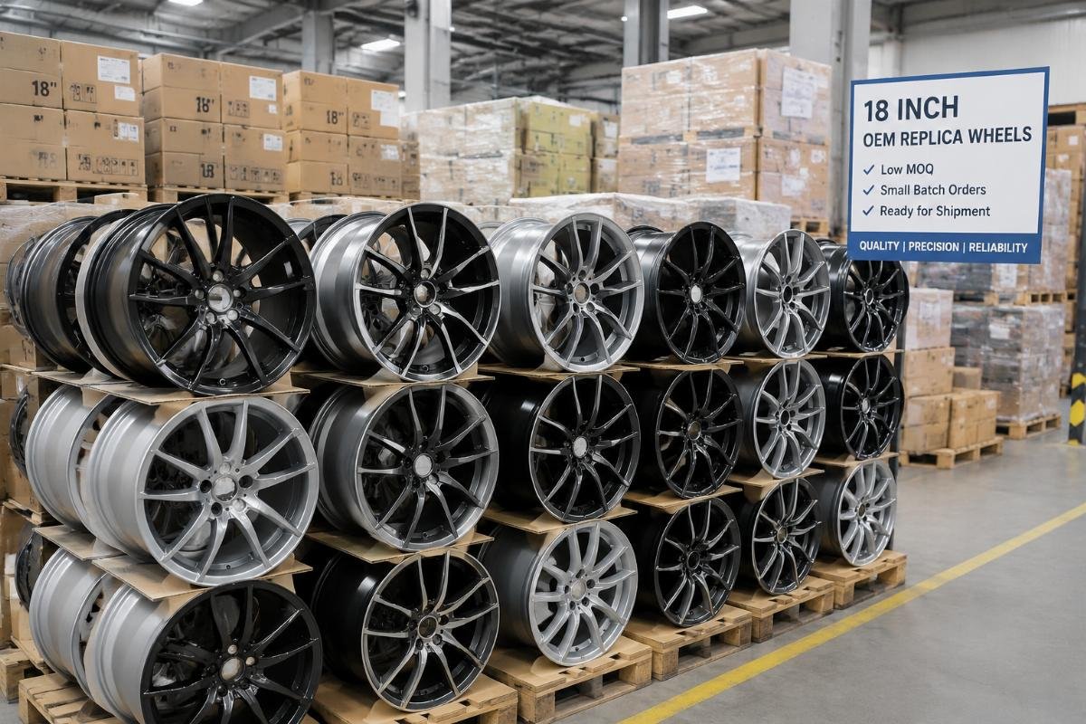 low MOQ 18 inch wheel orders Stacked 18 inch OEM replica wheels in a manufacturer warehouse ready for small batch shipping