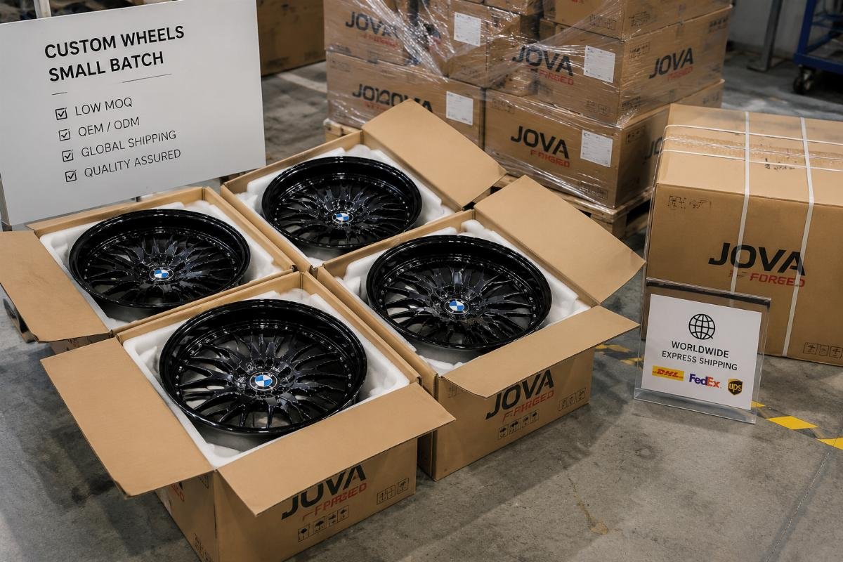 Low MOQ custom luxury replica wheels for small business buyers Small batch of custom deep-lip BMW replica wheels packed for international express shipping