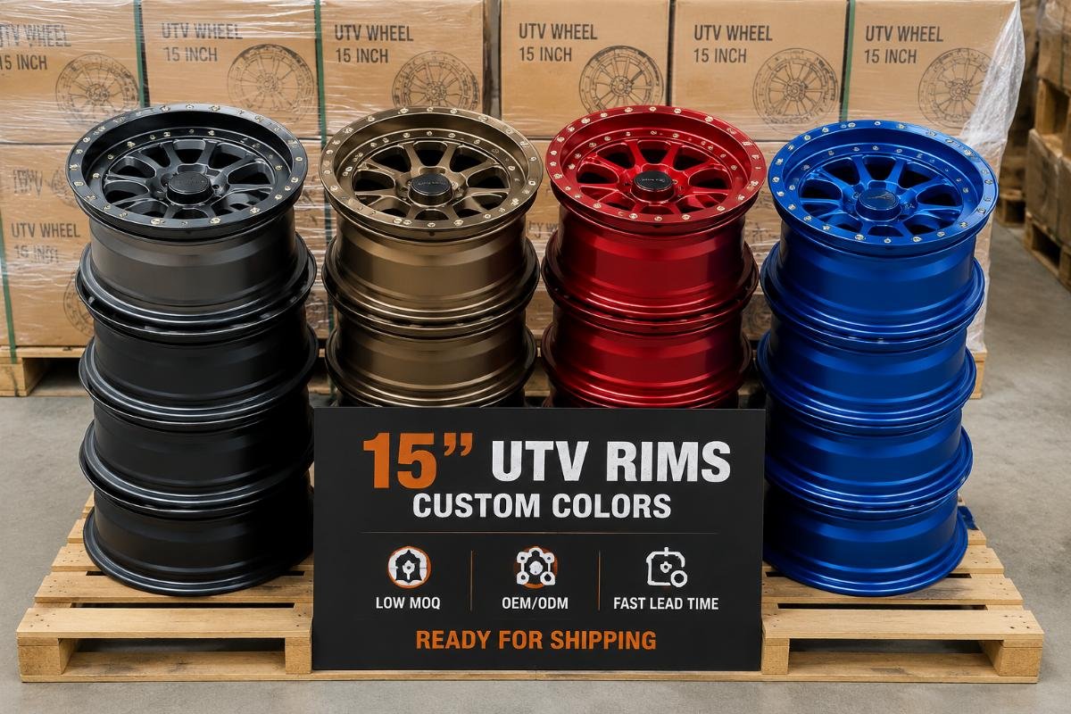 Stack of custom colored 15 inch UTV rims ready for shipping