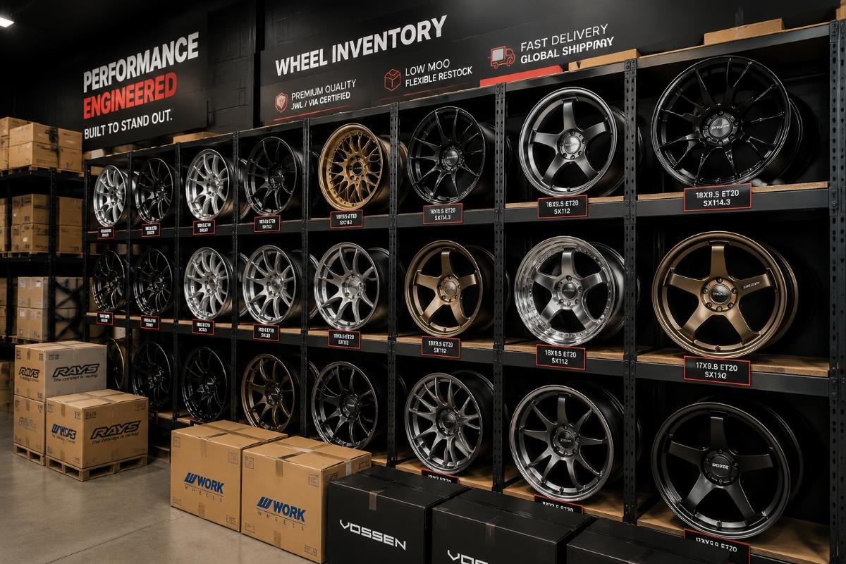 A modification shop storage shelf holding a curated selection of common wheel SKUs for client projects