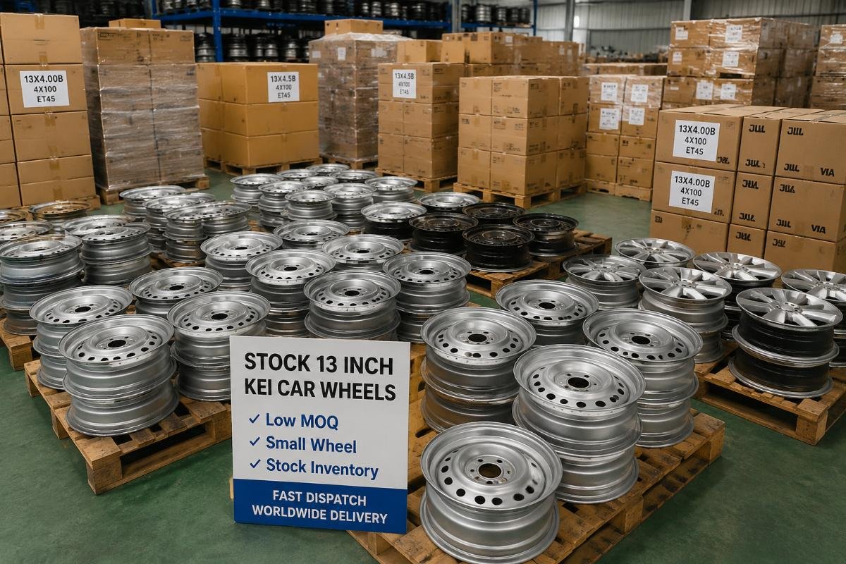 Stock 13 inch Kei car wheels in a warehouse packing area