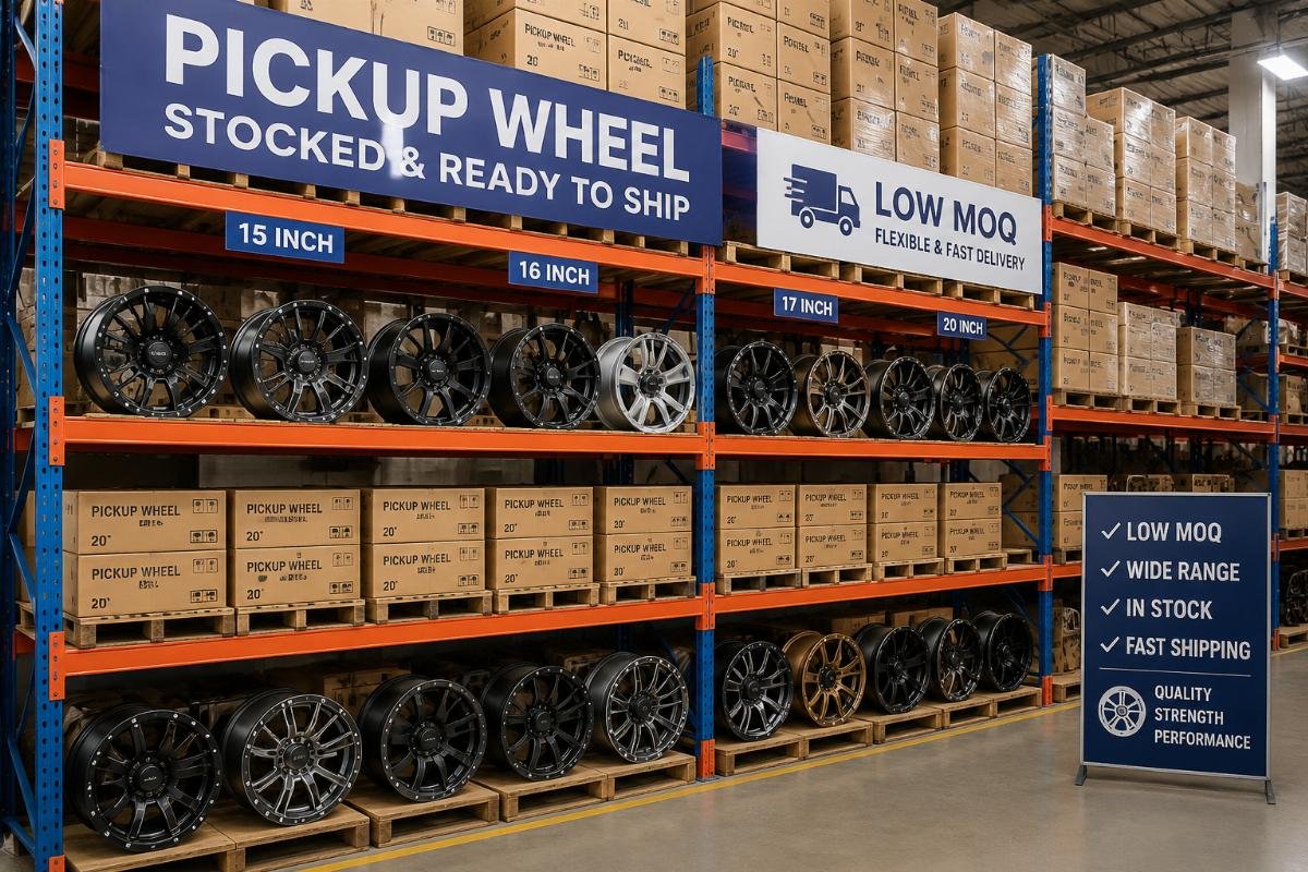 A warehouse shelf stacked with stocked pickup wheel SKUs ready for shipment