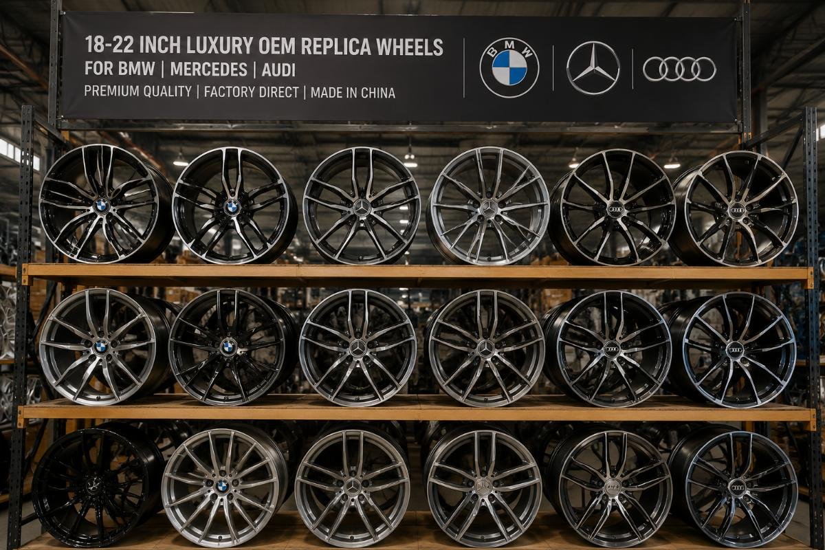 A range of 18-22 inch luxury OEM replica wheels for BMW, Mercedes and Audi arranged on a factory shelf