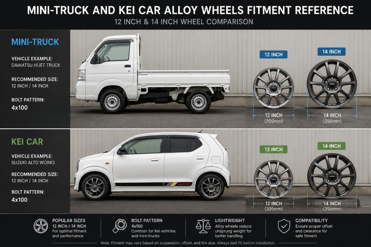 12 inch and 14 inch alloy wheels laid out next to a Kei car and mini-truck chassis