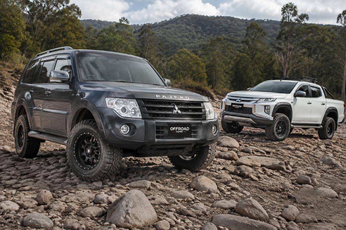 Mitsubishi Pajero and L200 fitted with 17 inch heavy duty off road wheels on rocky terrain