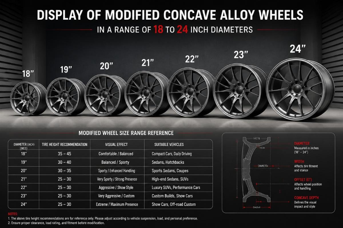 Display of modified concave alloy wheels in a range of 18 to 24 inch diameters