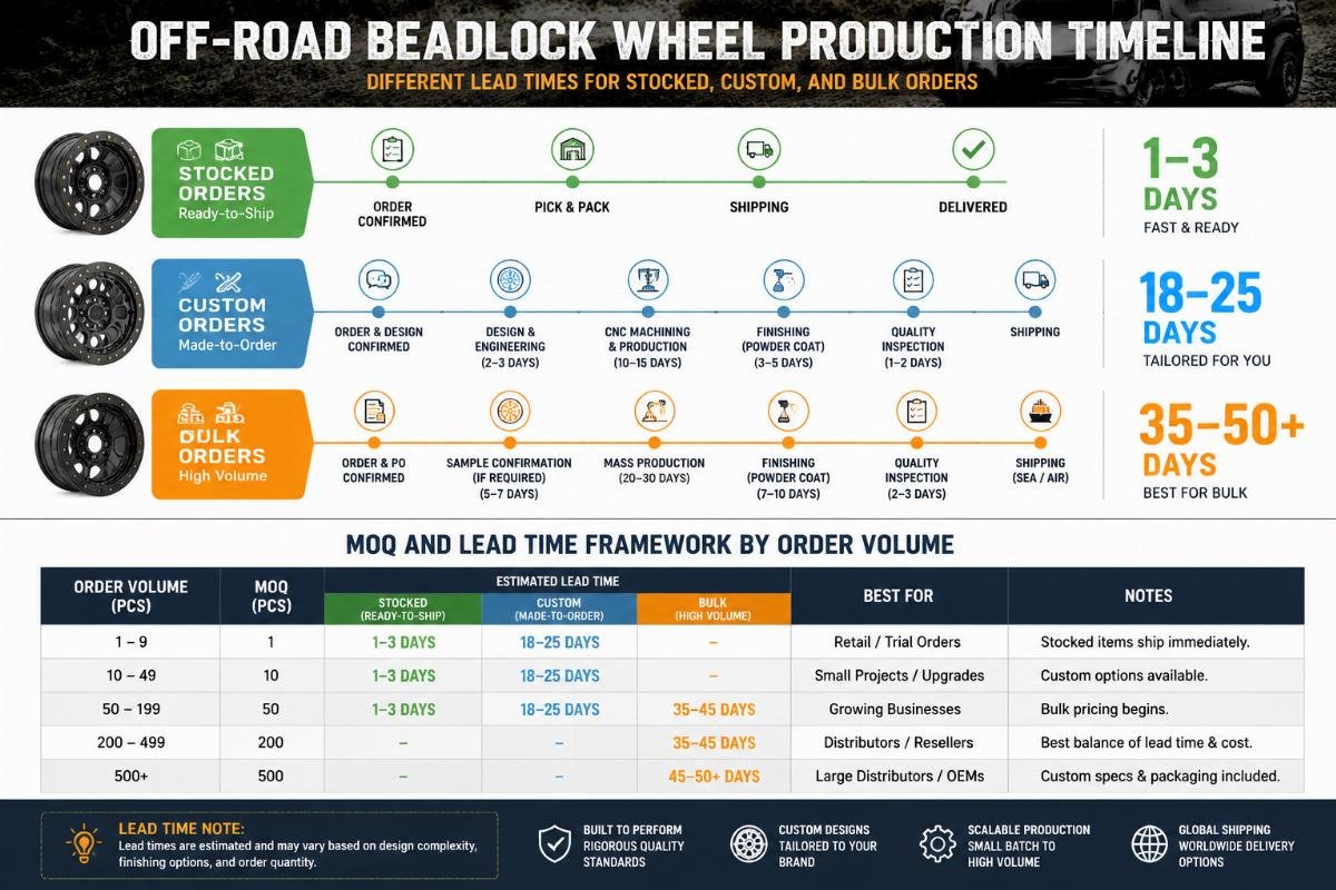 A production timeline infographic showing different lead times for stocked, custom, and bulk off-road beadlock wheel orders