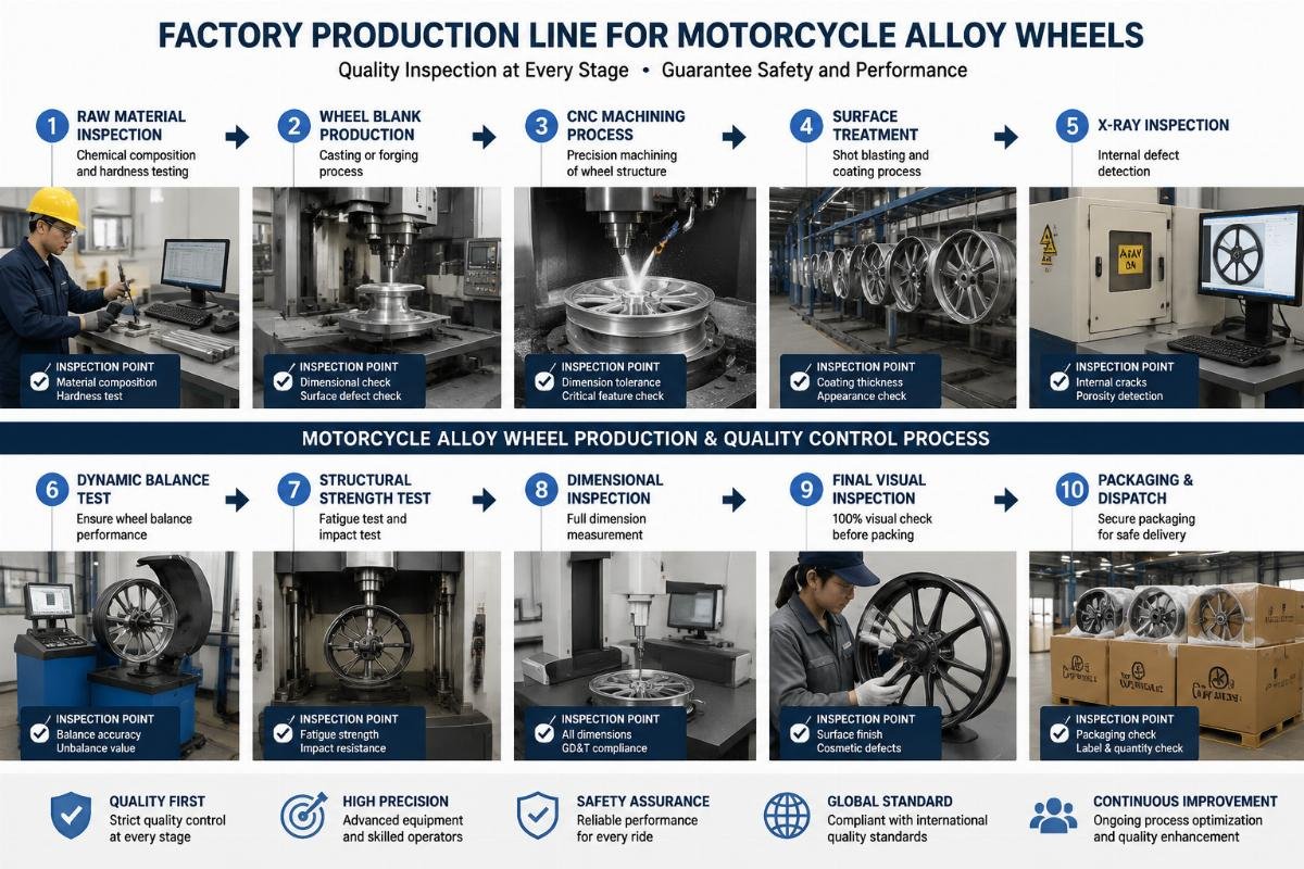 Factory production line for motorcycle alloy wheels showing quality inspection stations at multiple production stages