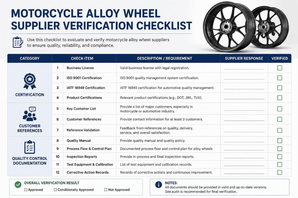 Verification checklist for motorcycle wheel suppliers including certification, customer references, and quality control documentation