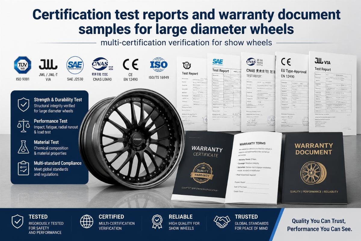 multi-certification verification for show wheels Certification test reports and warranty document samples for large diameter wheels