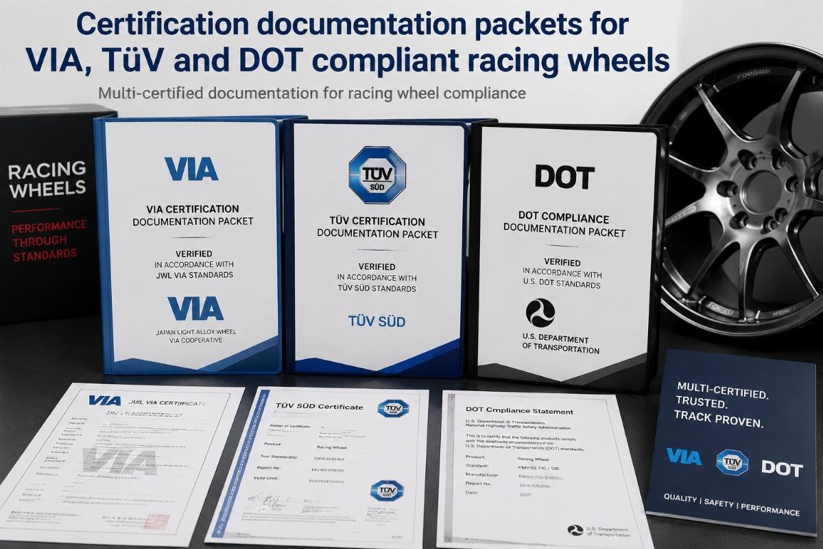 Certification documentation packets for VIA, TüV and DOT compliant racing wheels