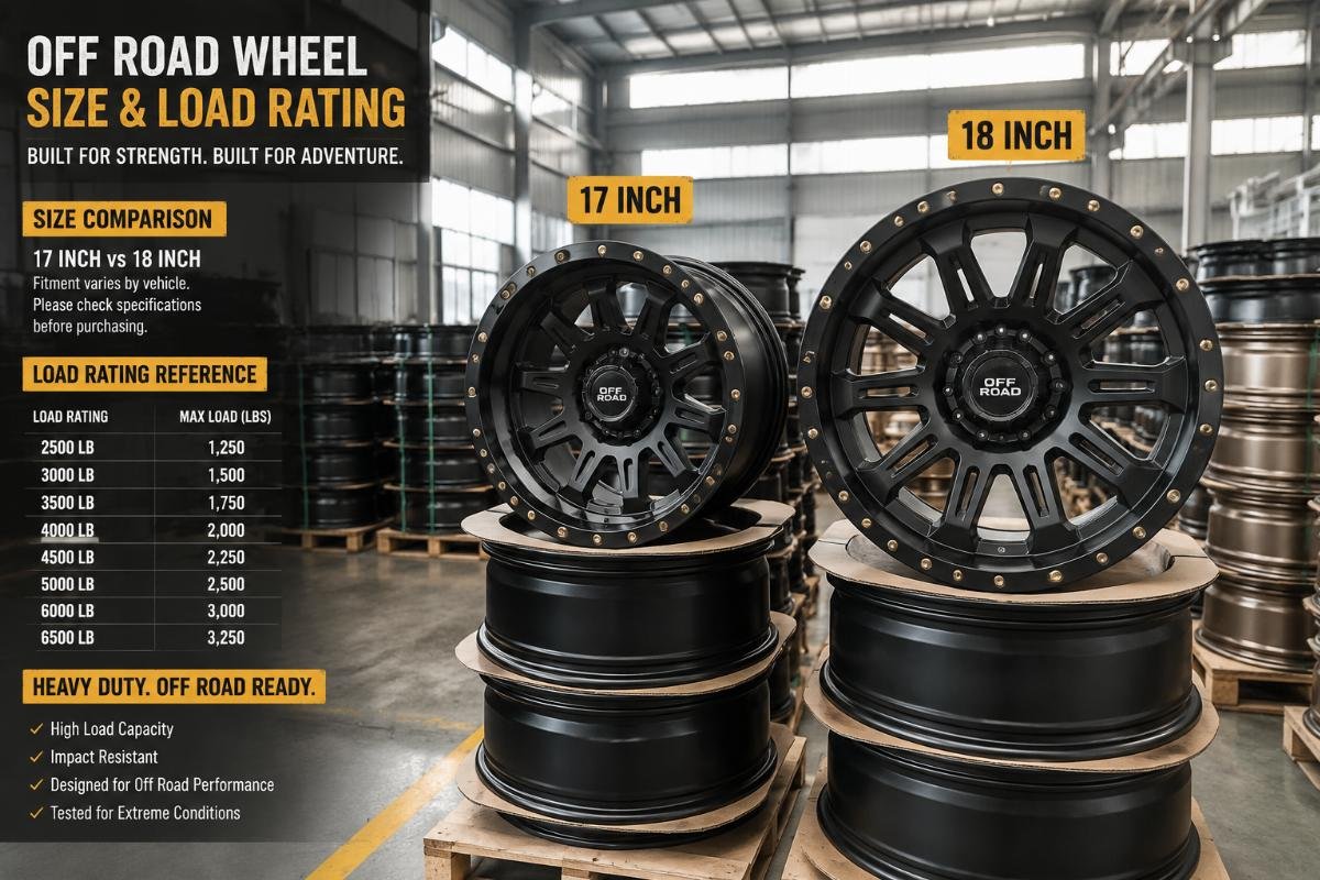 17 and 18 inch heavy duty off road wheels stacked in a factory warehouse