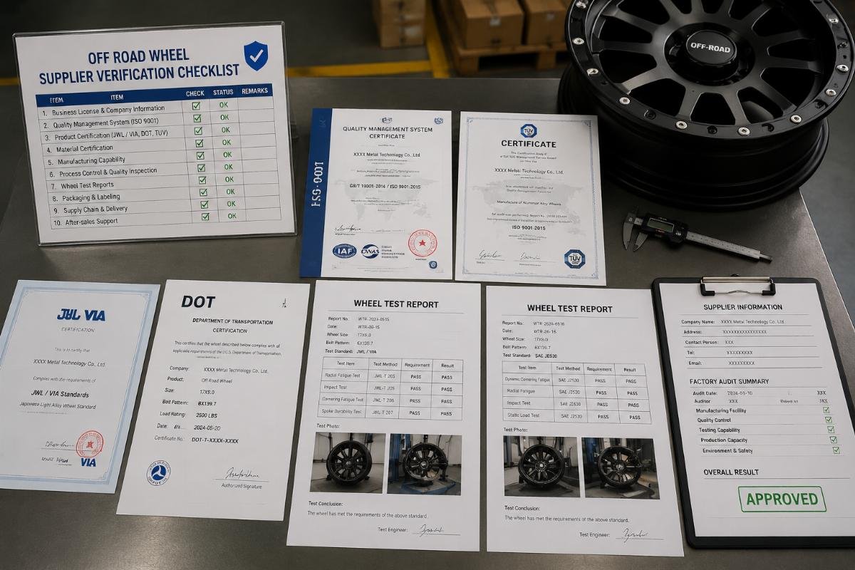 Certification documents and wheel test reports laid out on a factory desk