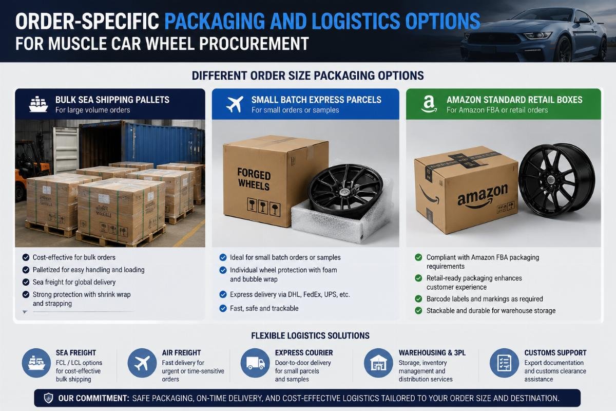 Different order size packaging options: bulk sea shipping pallets, small batch express parcels and Amazon standard retail boxes