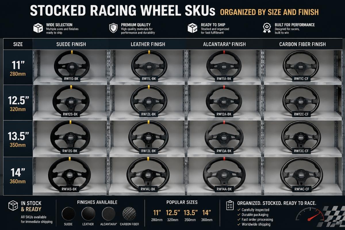 Stocked racing wheel SKUs organized by size and finish