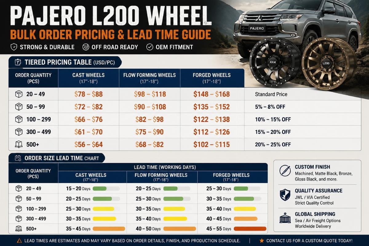 Tiered pricing table and order size lead time chart for off road wheels