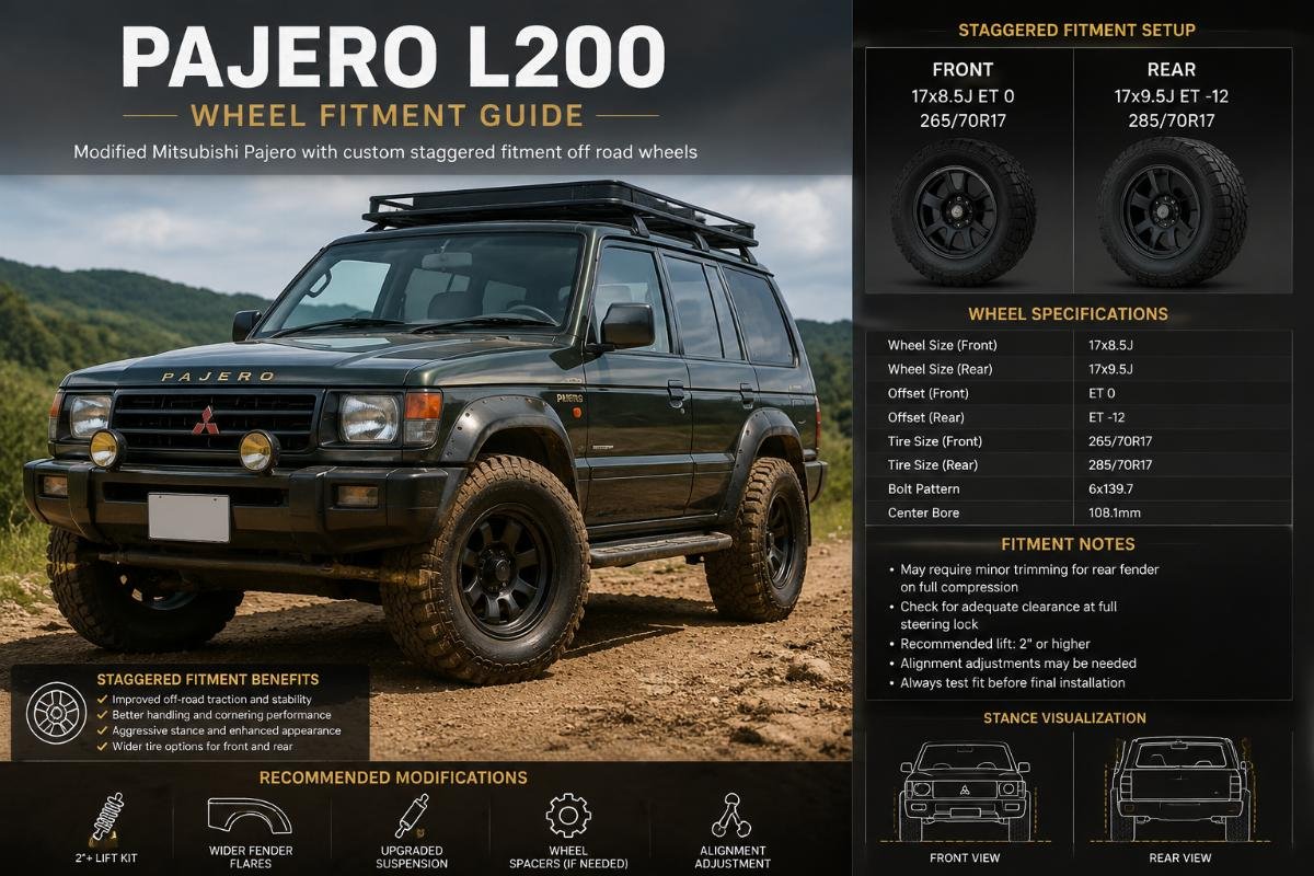 Modified Mitsubishi Pajero with custom staggered fitment off road wheels