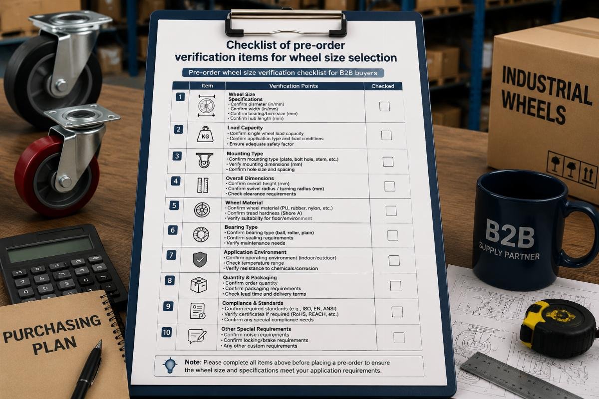 pre-order wheel size verification checklist for B2B buyers Checklist of pre-order verification items for wheel size selection laid out on a warehouse desk